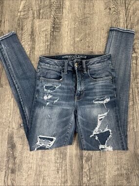 American Eagle Outfitters Distressed High-Rise Jeggings - Dark Blue